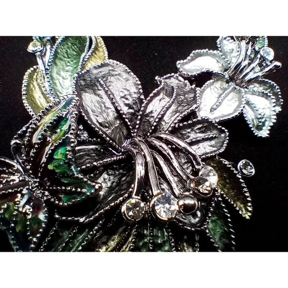 Floral & Butterfly Statement Necklace Rhinestone Accents Green Silver-Tone Metal - Picture 4 of 16
